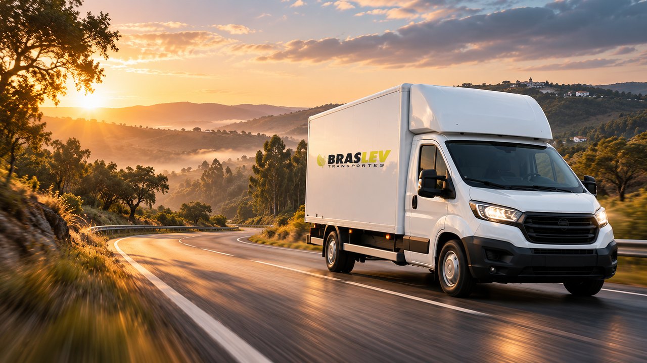 Carrinha branca Braslev numa estrada portuguesa ao nascer do sol